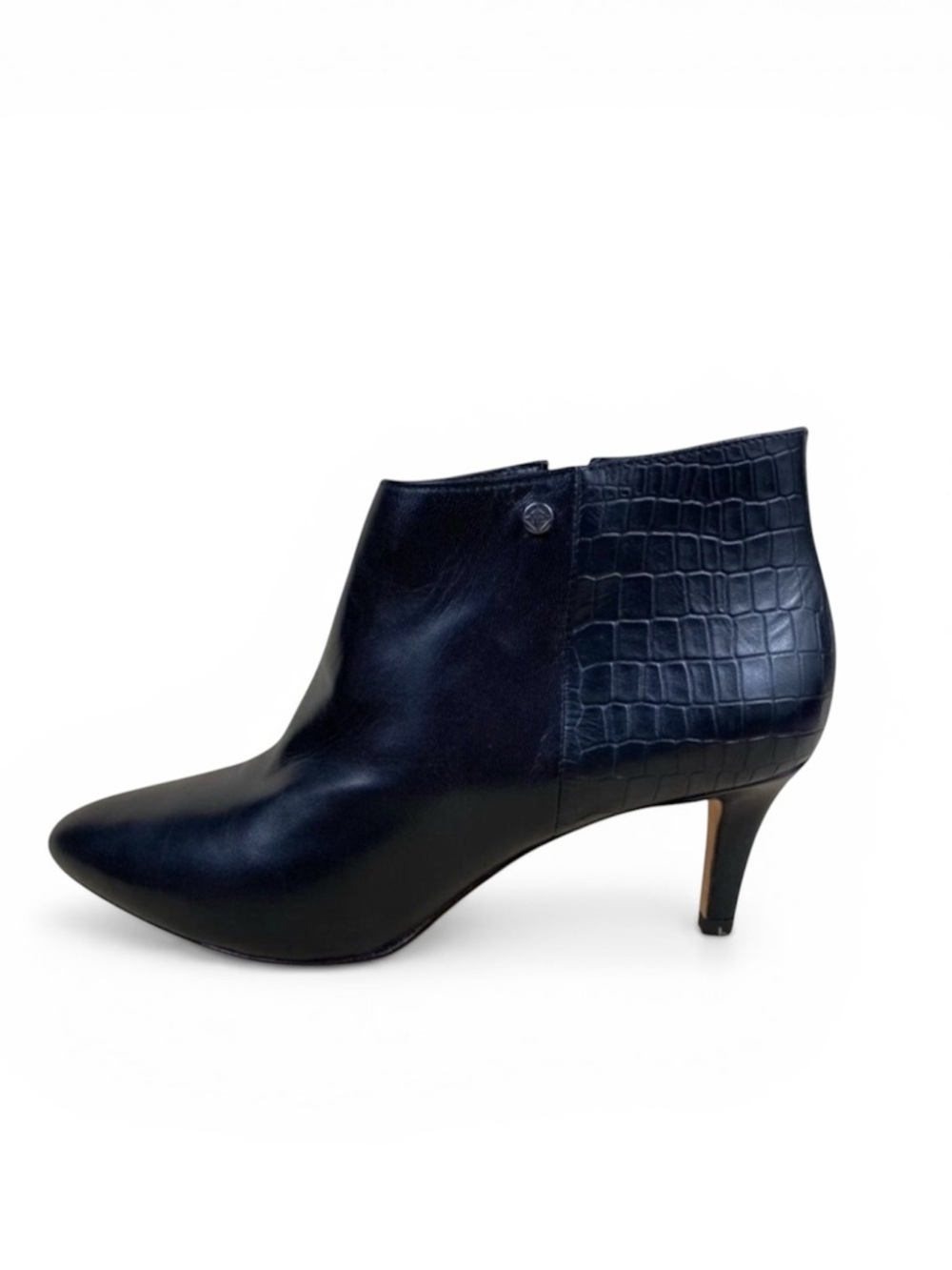 Antonio Melani Fresch Ankle Zip Bootie in Black Leather w/ Croc-embossed Heel